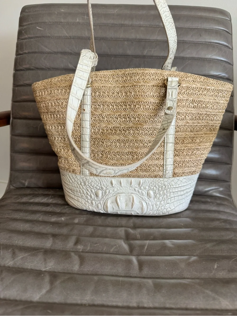 Brahmin Asher straw/white leather  shoulder bag.